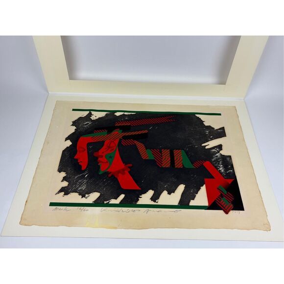Vtg 1977 Mask Wood Block Print Japanese Kunihiro Amano Signed Numbered Framed - Picture 6 of 16